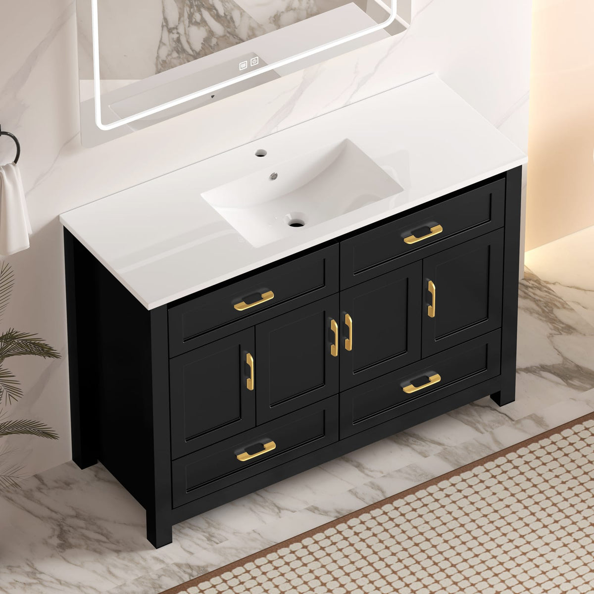 48" Black Bathroom Vanity with Resin Sink - Storage Cabinet, Soft-Close Doors