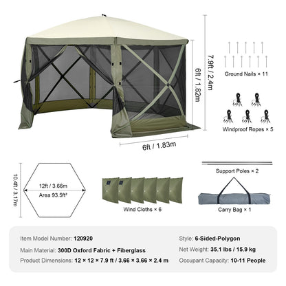 12x12FT Green Oxford Fabric Gazebo Screen Tent for Garden Shade