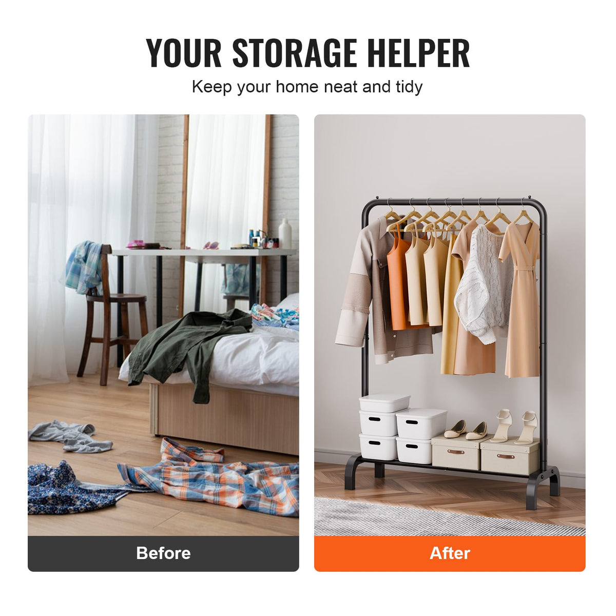Black Steel Clothes Rack with Hanging Rod - Bedroom Storage