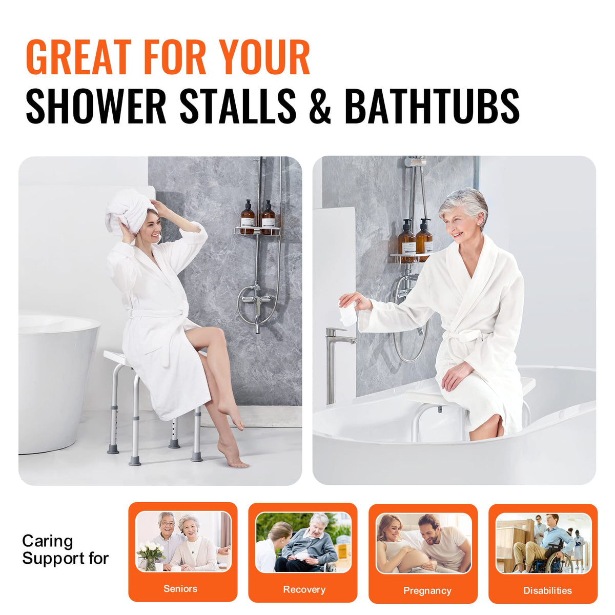 Adjustable Height Shower Stool - Silver+White Comfort Seat