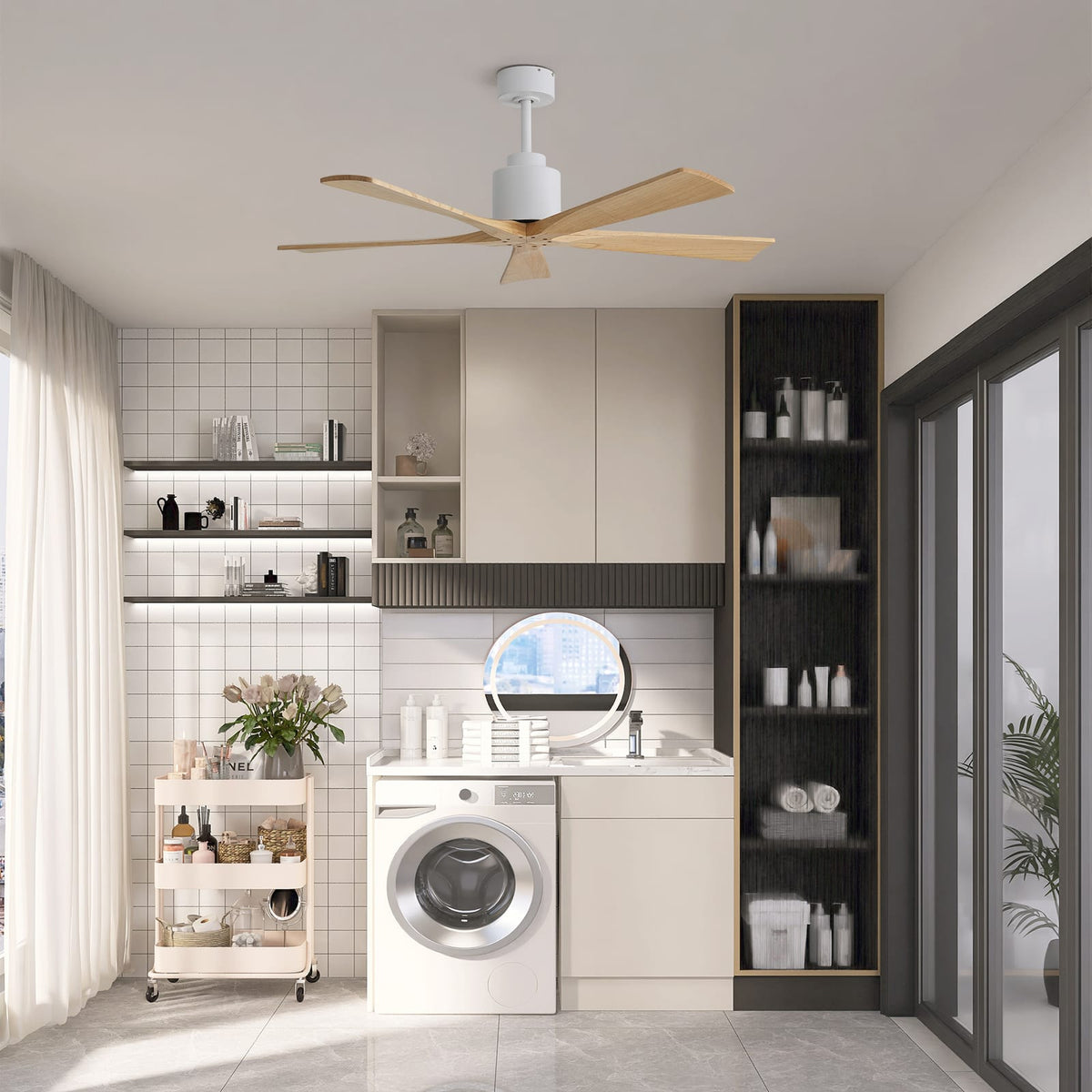 52 Inch Matte White Ceiling Fan - Wood Blades, DC Motor