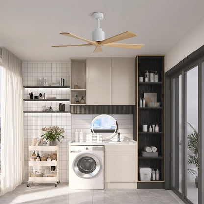 52 Inch Matte White Ceiling Fan - Wood Blades, DC Motor