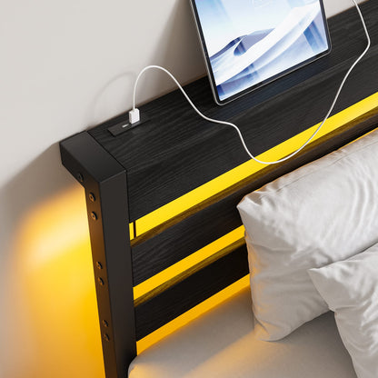 Twin Size Metal Bed Frame with LED Lights & USB Charging