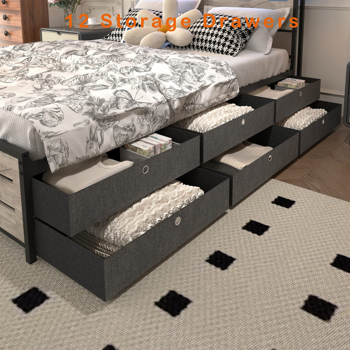 Full Size Gray Bed Frame with Storage Headboard & 12 Drawers for Bedroom