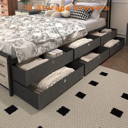 Full Size Gray Bed Frame with Storage Headboard & 12 Drawers for Bedroom