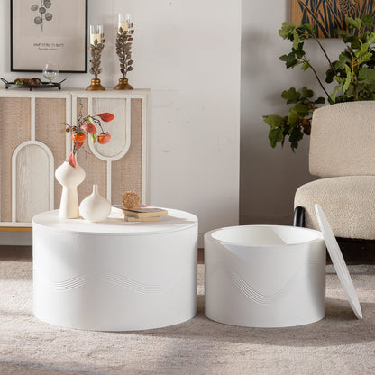 Large White Round Coffee Table Set - 2 Piece MDF Table with Storage