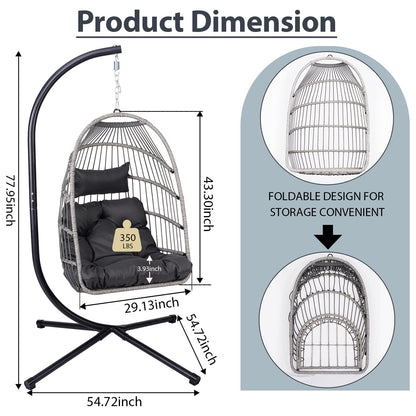 Black Gray Outdoor Hanging Egg Chair with Stand - Patio Swing