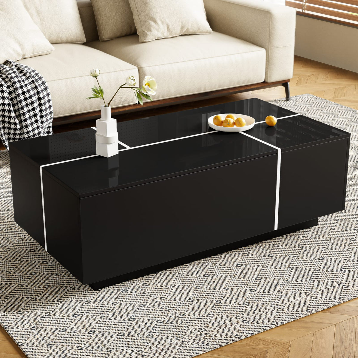 Black MDF Coffee Table with Storage Drawers for Living Room