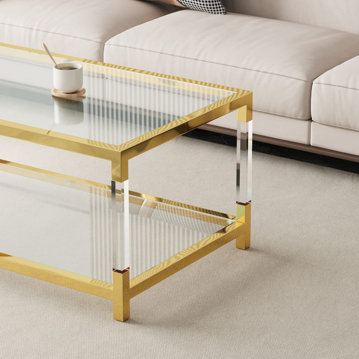 Living Room Golden Acrylic Coffee Table - Transparent Glass Top, 47.2" Modern Design