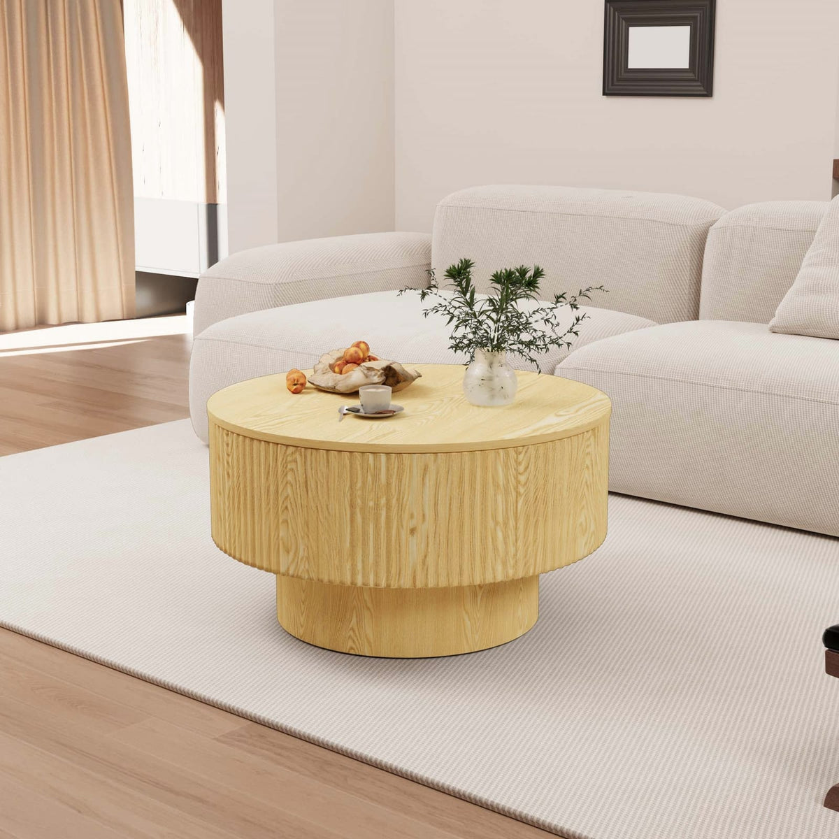 Natural Wood Circular Coffee Table - 29.5" Storage Table