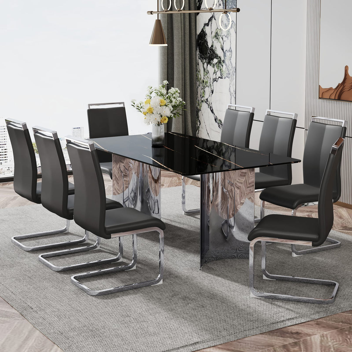 Black Marble Glass Dining Table Set with 8 Comfortable PU Chairs