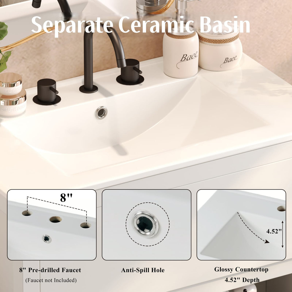 30 inch White Bathroom Vanity with Ceramic Sink and Soft Close Drawers