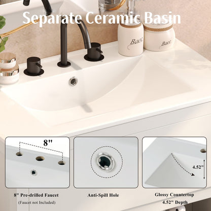 30 inch White Bathroom Vanity with Ceramic Sink and Soft Close Drawers