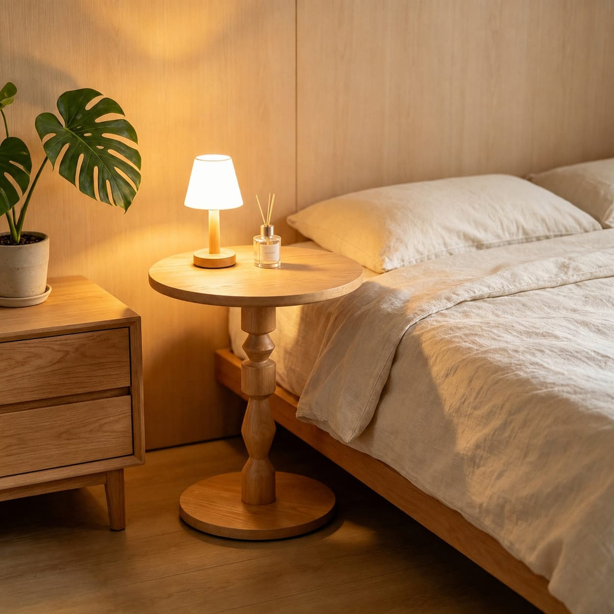 Round Side Table - Light Oak, Mid-Century Modern Style