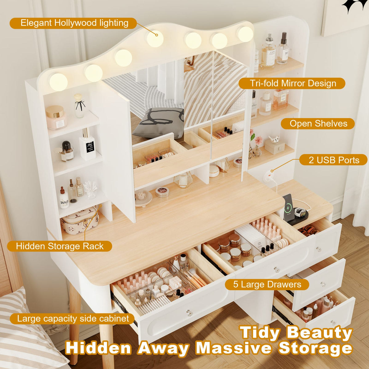 White Makeup Vanity with Mirror & Lights - Storage Drawer Set