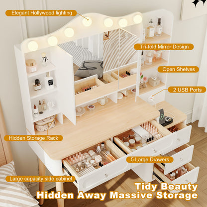 White Makeup Vanity with Mirror & Lights - Storage Drawer Set