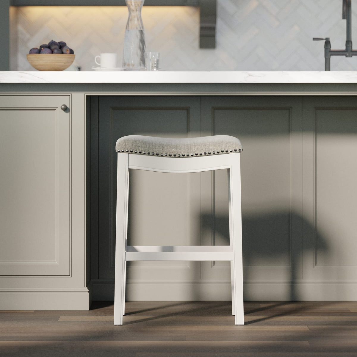 31" Bar Height Stool - White Wood & Gray Fabric for Bedroom