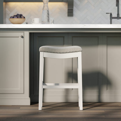 31" Bar Height Stool - White Wood & Gray Fabric for Bedroom