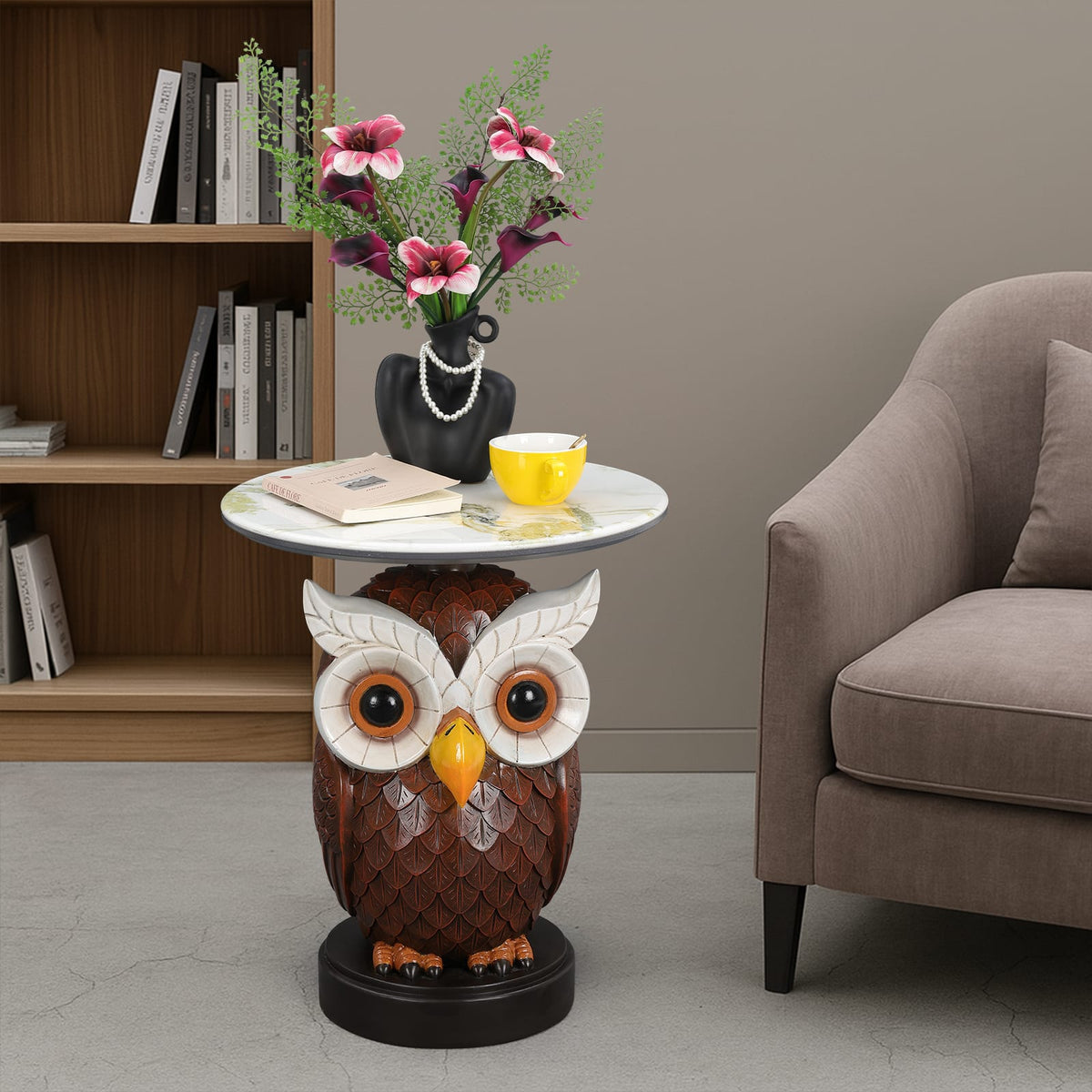 Brown & Antique White Resin Owl Table - Bedroom Accent