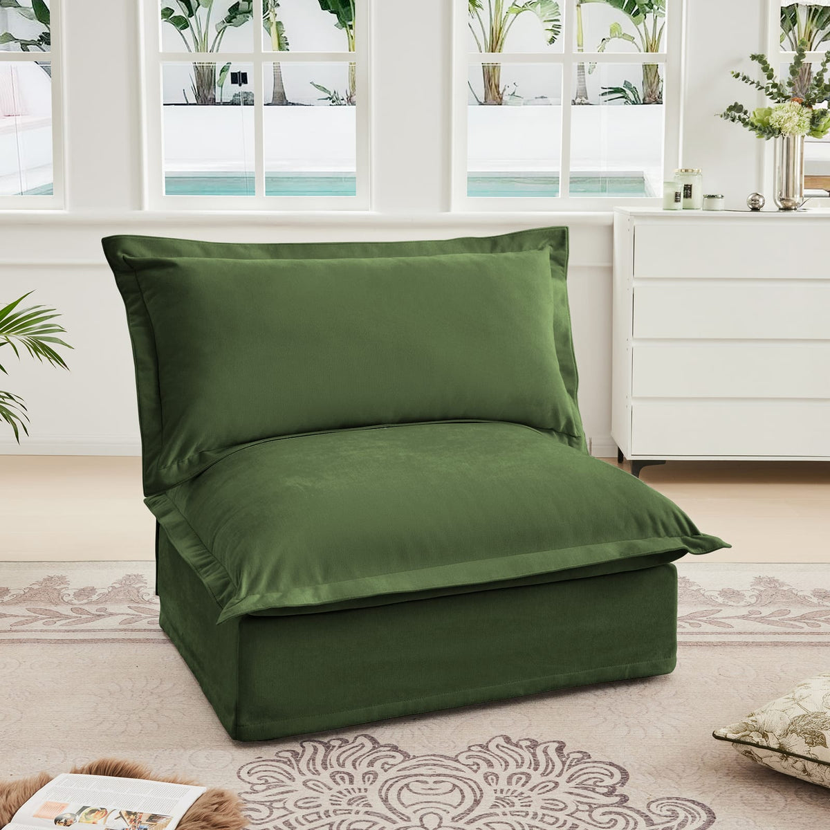 Green Chenille Armless Sofa - 1 Seat for Living Room