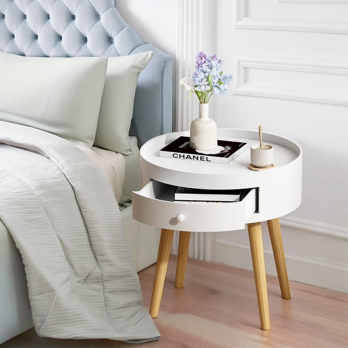 18"H Nightstand with Storage Drawer - White MDF Table