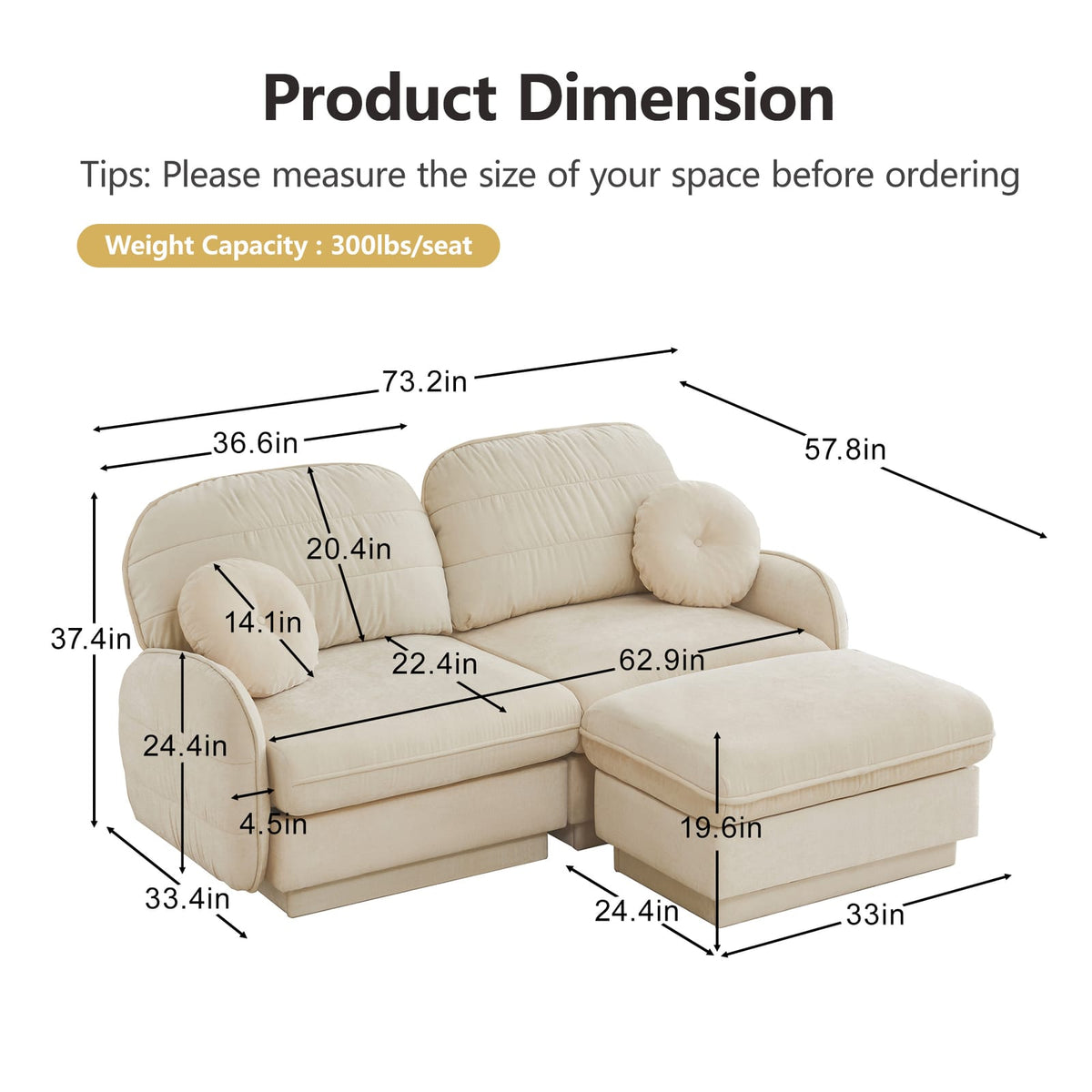 Cream Beige Chenille Cloud Sofa with Ottoman, Modular L-Shape Lounge for Living Room