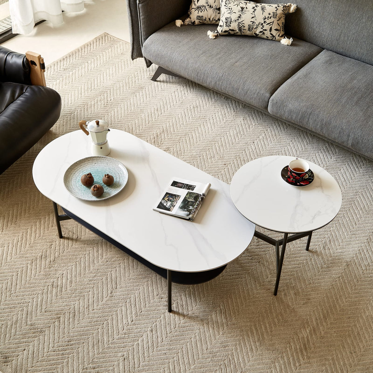Small Round Accent Table - White+Gray Ceramic MDF
