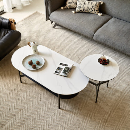 Small Round Accent Table - White+Gray Ceramic MDF
