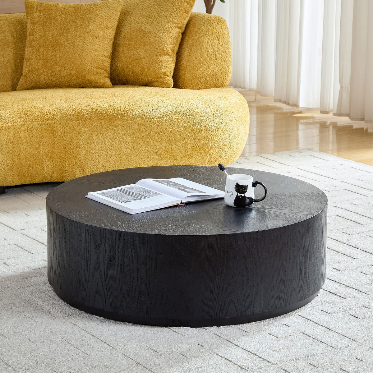 35.43 Inch Round Black Coffee Table - MDF Material for Living Room