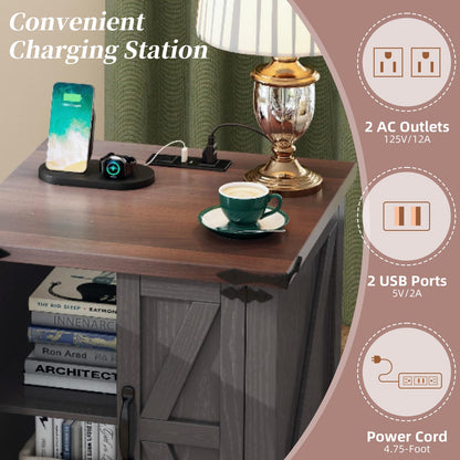 Rustic Grey End Table with Charging Station, Walnut Top, Storage for Living Room