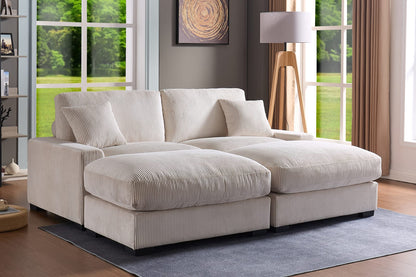 Cream Corduroy 4 Seat Sectional Sofa - Oversized Modular Couch for Living Room