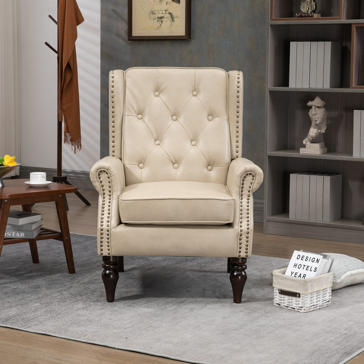 Camel PU Leather Armchair - Modern Accent Chair Lounge with Wood Legs