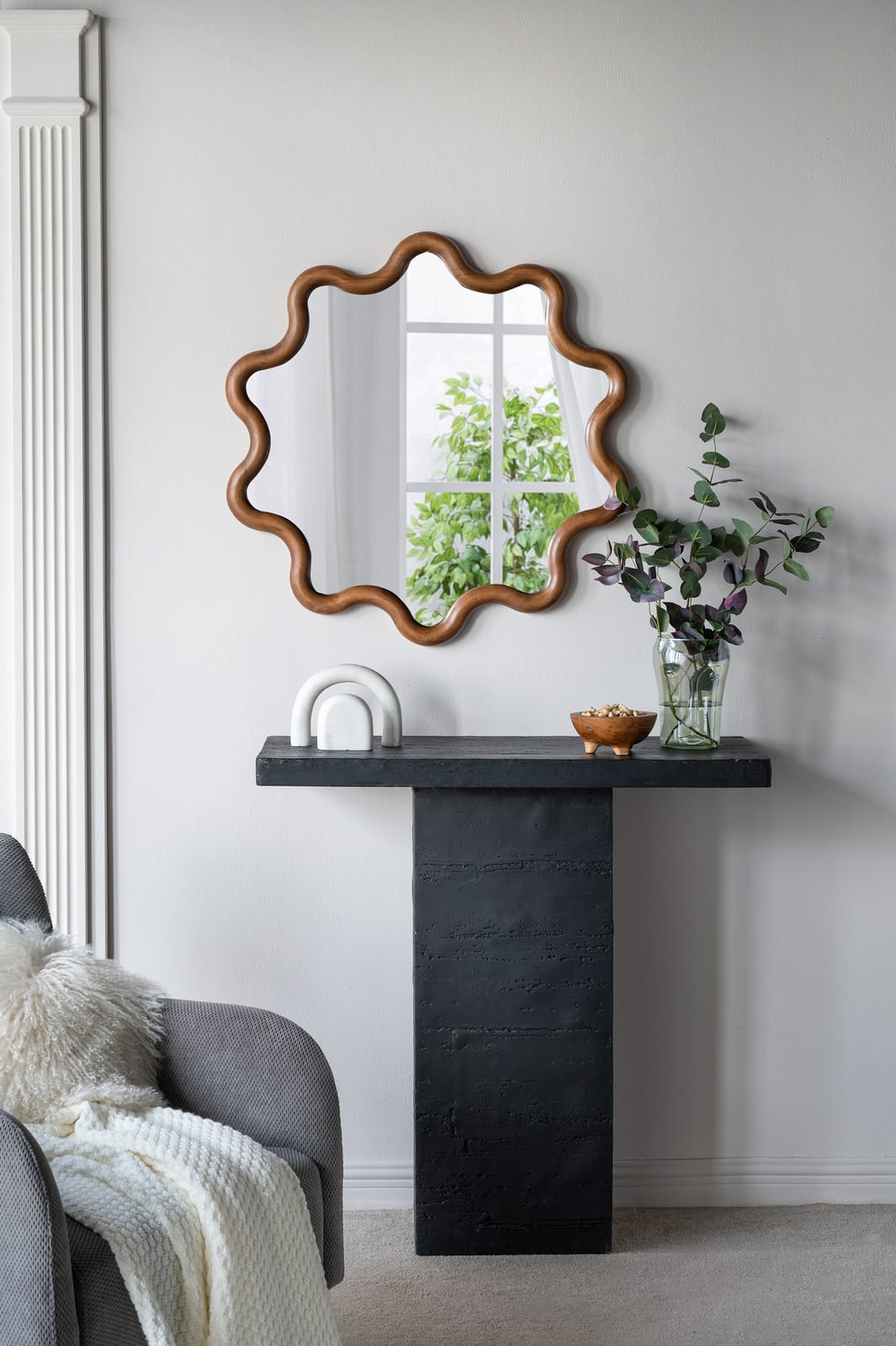 31" Wooden Accent Mirror - Brown Pine Frame, Bathroom Wall Decor