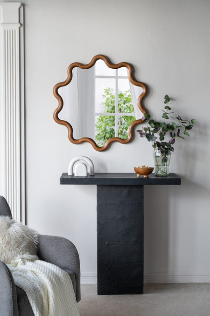 31" Wooden Accent Mirror - Brown Pine Frame, Bathroom Wall Decor