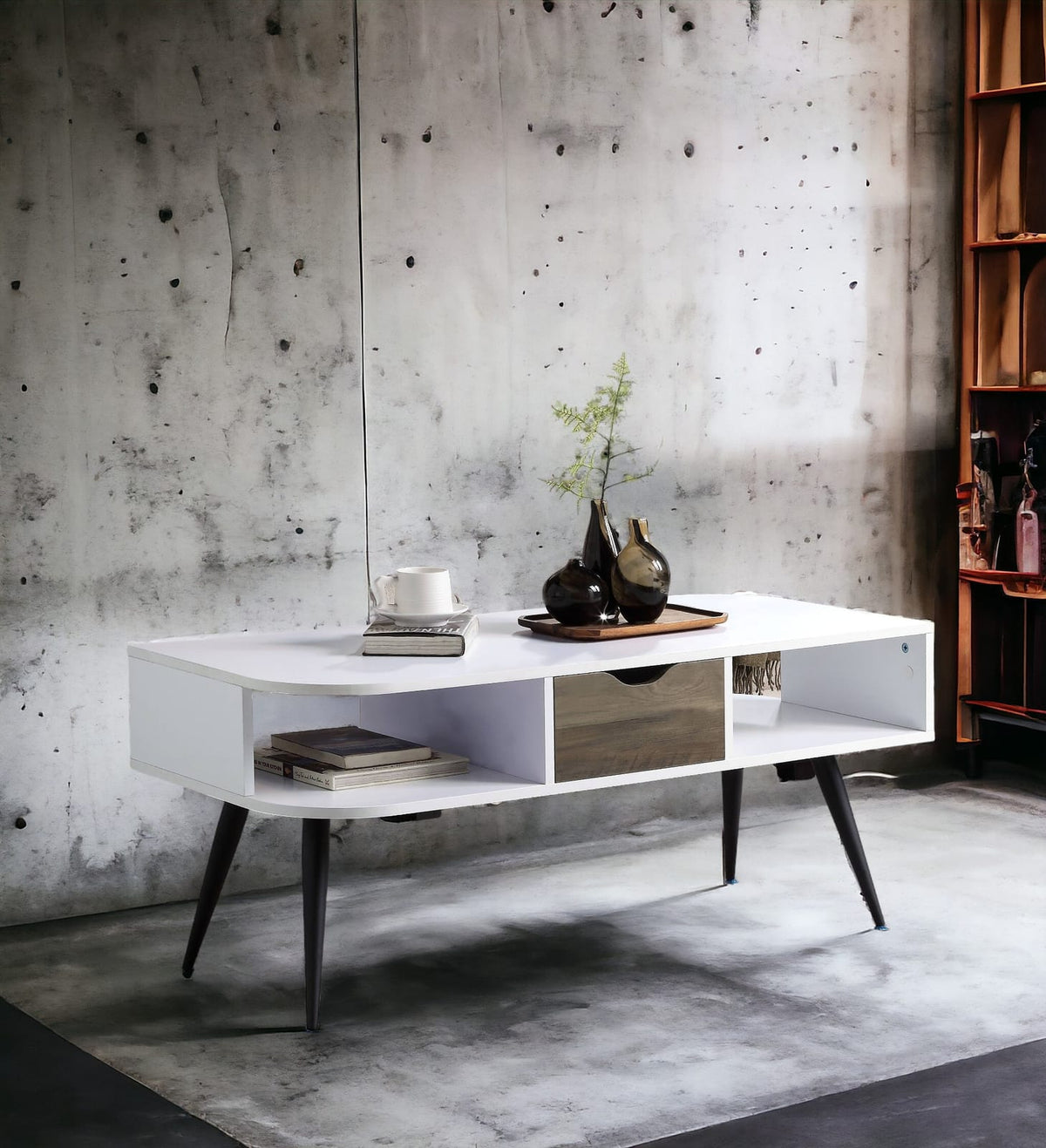 Black and White Metal Storage Coffee Table with Drawer for Living Room