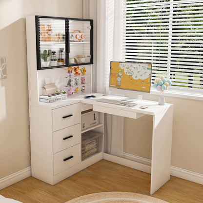 White L-Shaped Office Desk with Glass Cabinets & LED Lights for Home Office