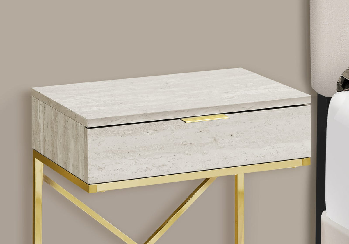 Beige Accent Table - Storage Drawer Side Table, Marble Look