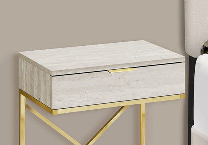 Beige Accent Table - Storage Drawer Side Table, Marble Look