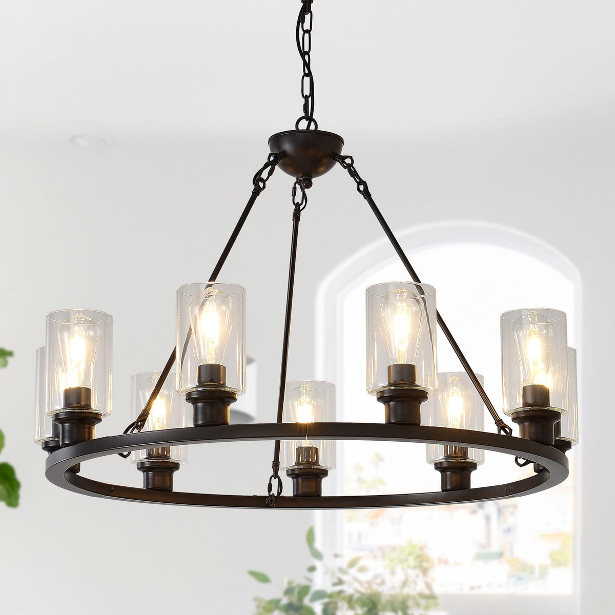 9-Light Wagon Wheel Chandelier - Brown Coffee Metal