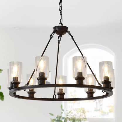 9-Light Wagon Wheel Chandelier - Brown Coffee Metal