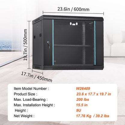 9U Wall Mount Server Cabinet - Black Glass, 15.5" Deep