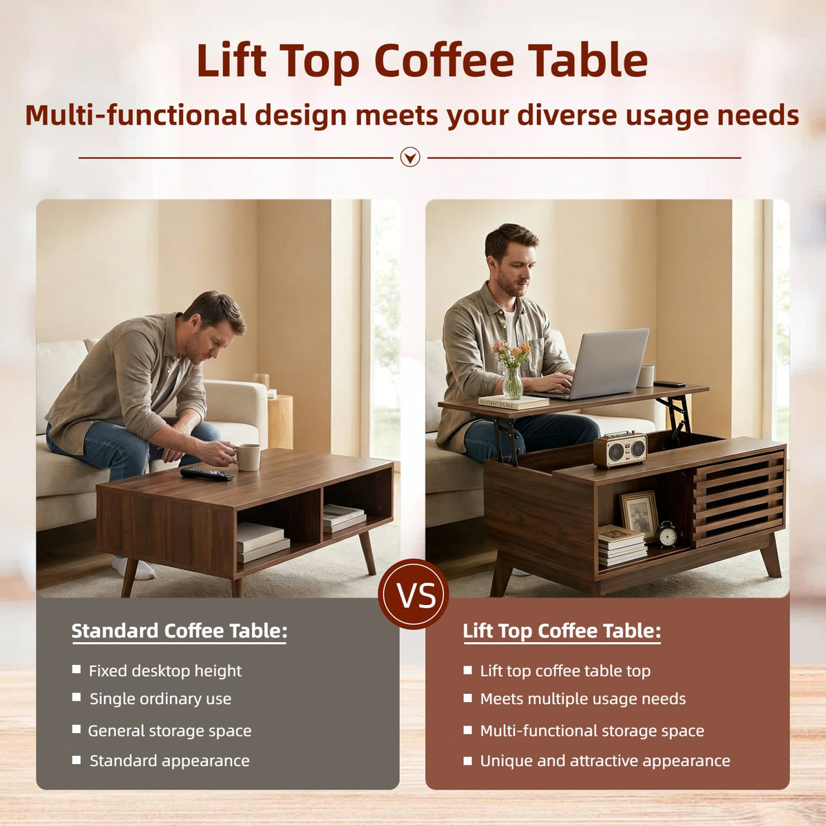 Walnut Lift Top Coffee Table - Storage & Workspace