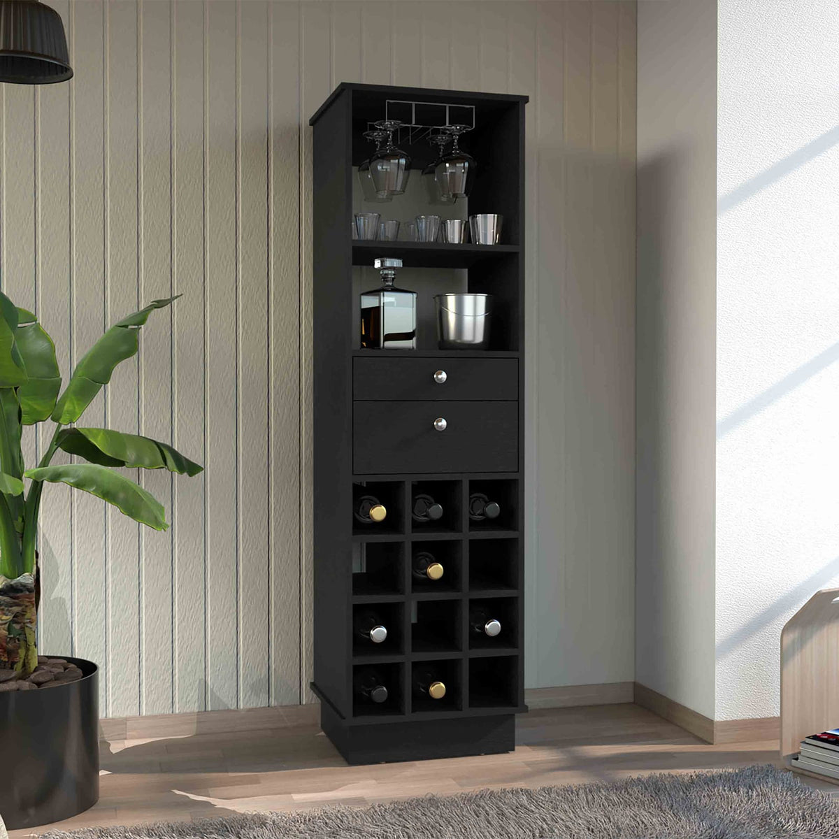 Black Modern Wine Bar Cabinet with 12 Racks
