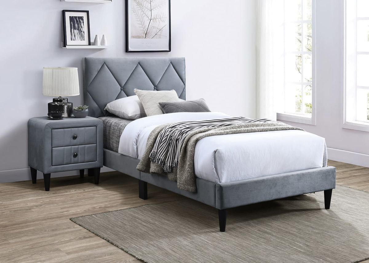 Grey Velvet 2 Drawer Bedside Cabinet Nightstand