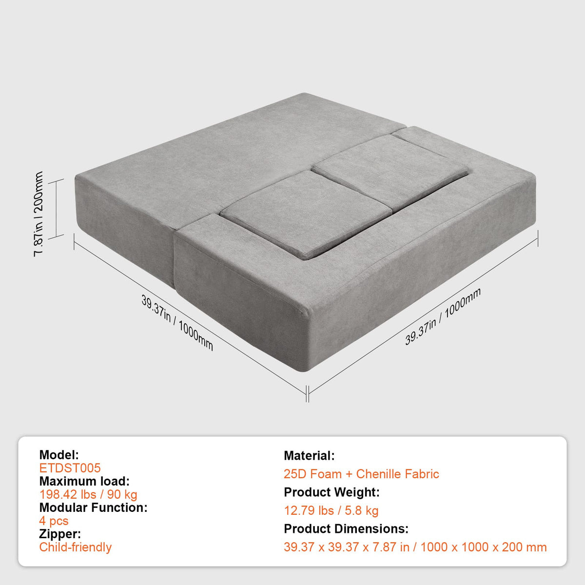Light Gray Kids Couch - 4 Piece Modular Sofa for Children