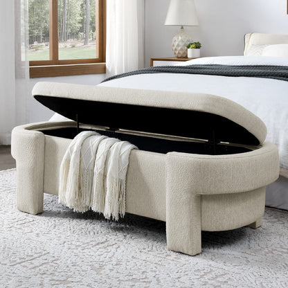 Beige Linen Storage Bench with Foam Cushion for Living Room or Bedroom