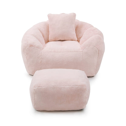 Pink Faux Fur Bean Bag Sofa with Footstool for Living Room Comfort