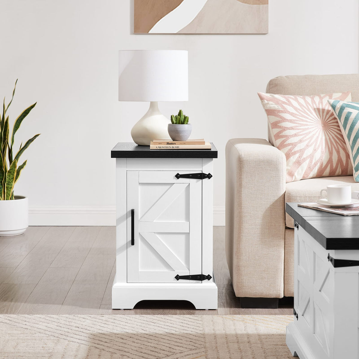 White+Black Farmhouse End Table - Nightstand with Storage