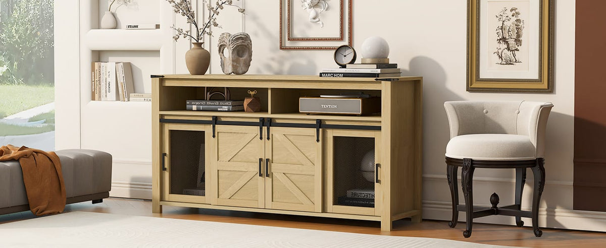 59.3" Natural Farmhouse Sideboard with Sliding Doors
