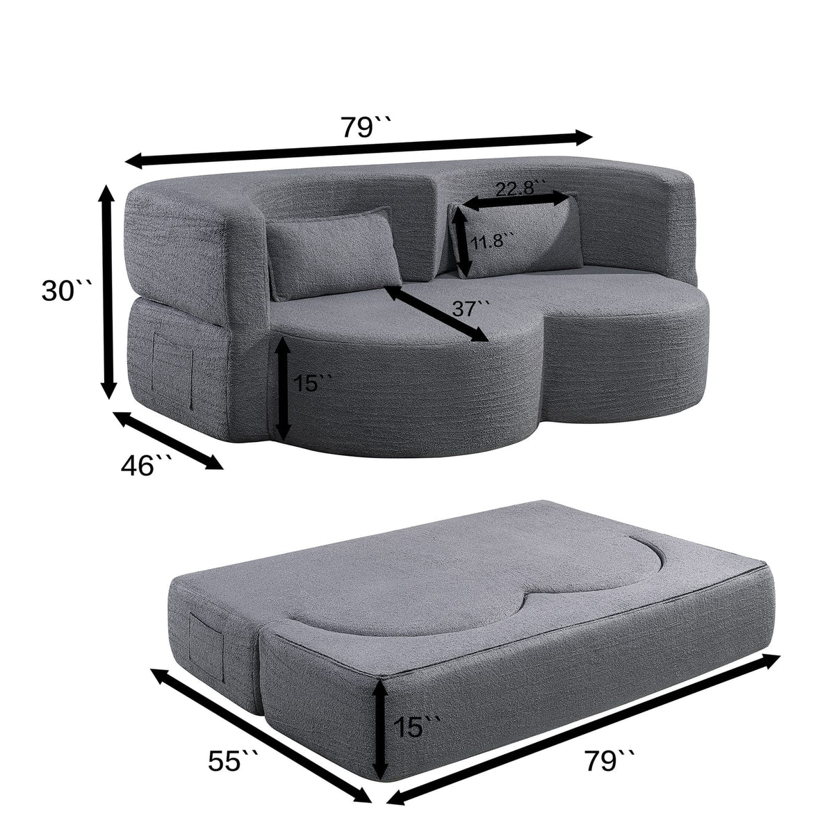 Light Grey Folding Sofa Bed - Space Saving Sleeper Futon for Living Room